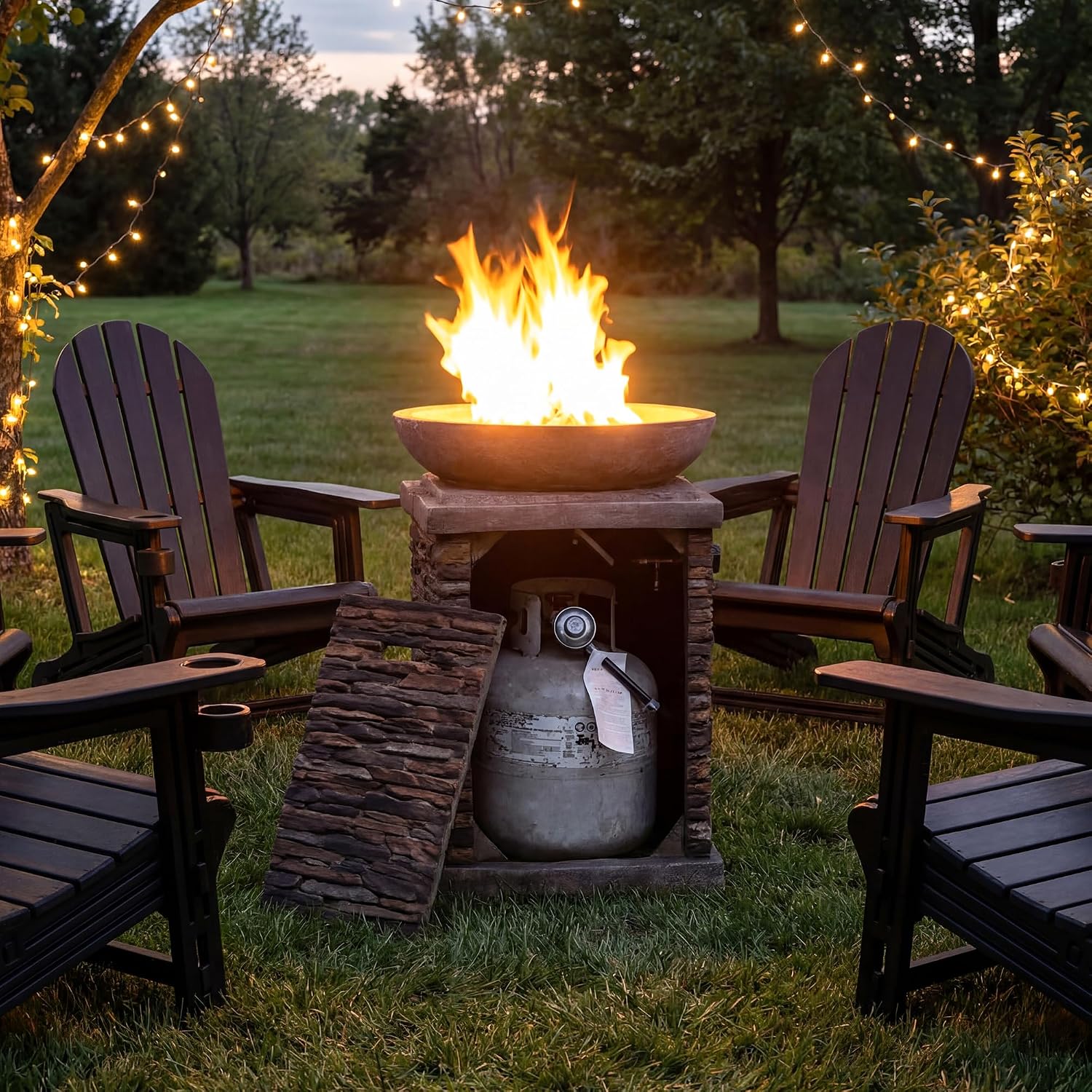 COSIEST Outdoor Propane Fire Pit Table w Faux Brown Compact Ledge Stone 20' Square Base and Faux Rose-Marble Round Bowl, Certified, 40,000 BTU, Free Lava Rocks, Fits 20lb Tank Inside, Raincover