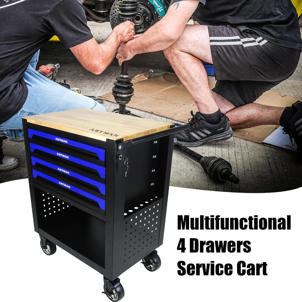Campfun Tool Cart with 4 Drawers and Wheels, Mechanical Tool Workbench with Wooden Top for Storage in Garages, Workshops, and Repair Shops - Blue