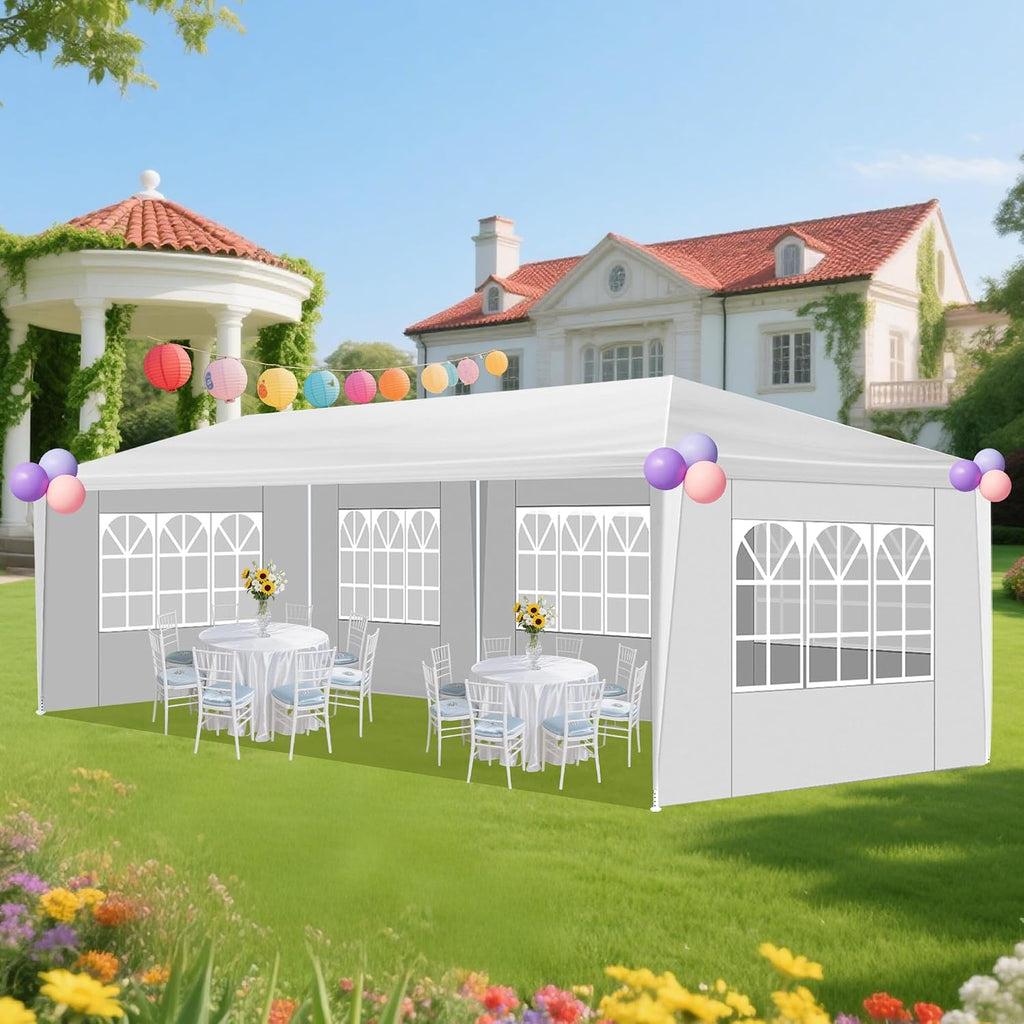 Nyckolas White 10x30 Outdoor Canopy Tent for Party,5 Removable Sidewalls with Windows,Sunshade & Waterproof,Heavy Duty Metal Frame,Easy to Assemble,Perfect for Outdoor Events,Party,Backyard,Camping