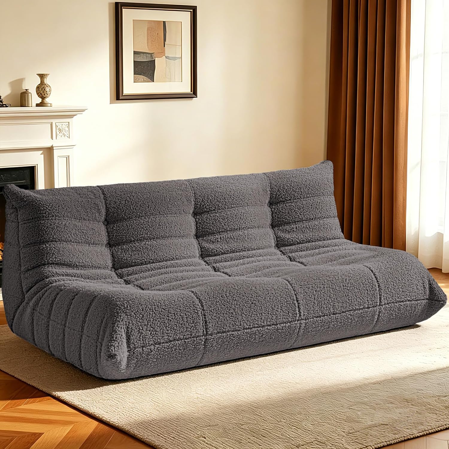 HABUTWAY Bean Bag Chairs Fireside Lazy Floor Sofa, Soft Teddy Fleece 3 Seater Sofa with High-Resilience Foam Filling，Beanbag for Living Room, Bedroom, Office (Dark Grey Teddy)