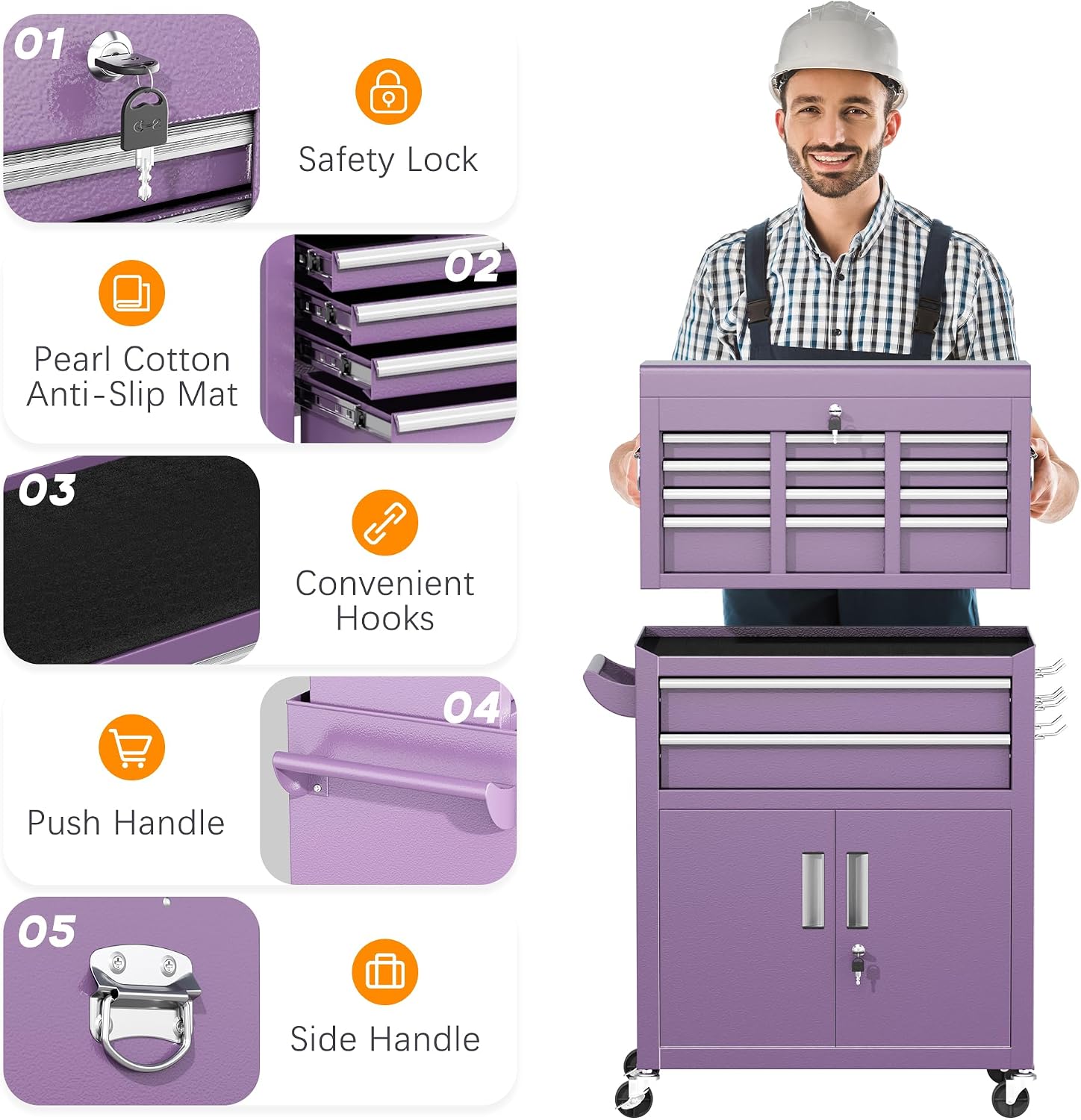 INTERGREAT Tool Chest, Assembled 8-Drawers Rolling Tool Chest with Wheels, Detachable Top Tool Box, Tool Cabinet for Repair Room,Warehouse, Rolling Tool Box with Hooks,Tray Divider,Liners(Purple)