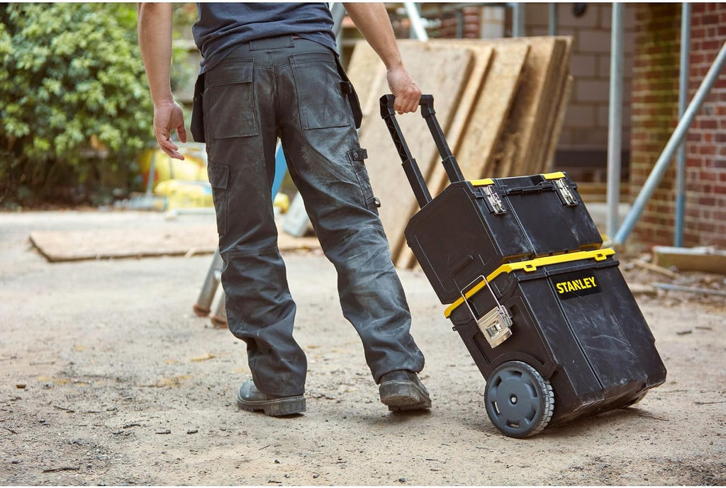 STANLEY 3 in 1 Rolling Work Centre Toolbox with Pull Handle, Detachable Toolbox with Portable Tote Tray, 1-70-326, Black