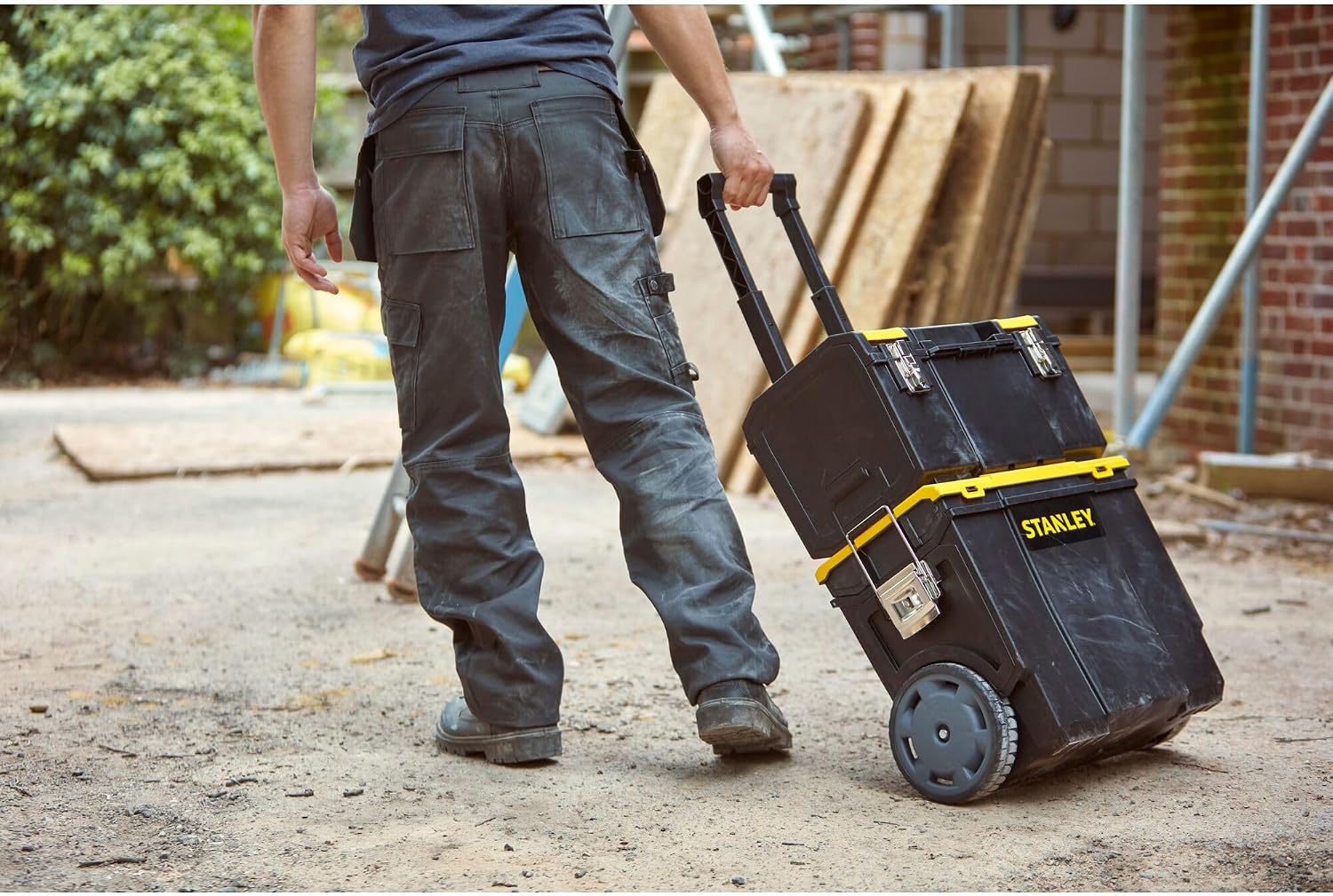 STANLEY 3 in 1 Rolling Work Centre Toolbox with Pull Handle, Detachable Toolbox with Portable Tote Tray, 1-70-326, Black