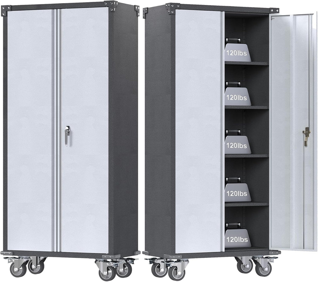 Rolling Garage Storage Cabinet with Locking Door and Shelves, 71''H Lockable Metal Storage Cabinet on Wheels, Steel Tool Cabinet for Warehouse, Basement, Utility Room, Black&Gray