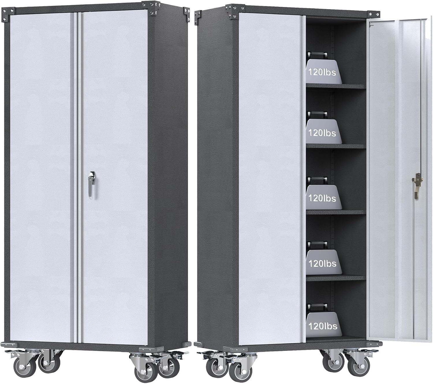 Rolling Garage Storage Cabinet with Locking Door and Shelves, 71''H Lockable Metal Storage Cabinet on Wheels, Steel Tool Cabinet for Warehouse, Basement, Utility Room, Black&Gray