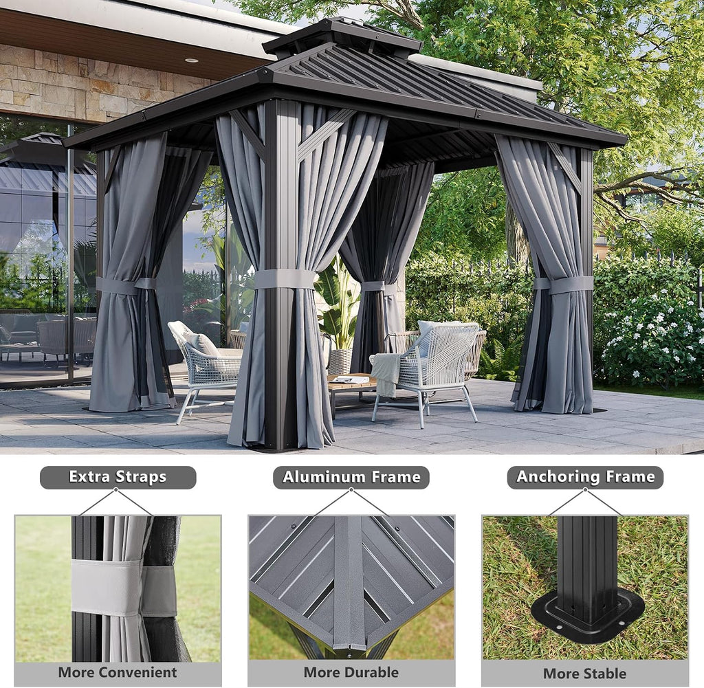 Aoxun 10Ft X 10Ft Hardtop Gazebo, Aluminum Metal Outdoor Gazebo with Breathable Netting and Curtains, Galvanized Steel Double Top, Permanent Patio Pavilion for Backyard, Wedding, Party