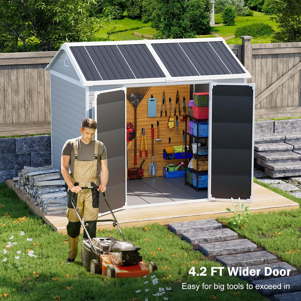 8x6 FT Resin Storage Sheds with Floor Windows, Waterproof Plastic Outdoor Shed Kit, Outside Tools Sheds for Backyard Garden Patio Lawn