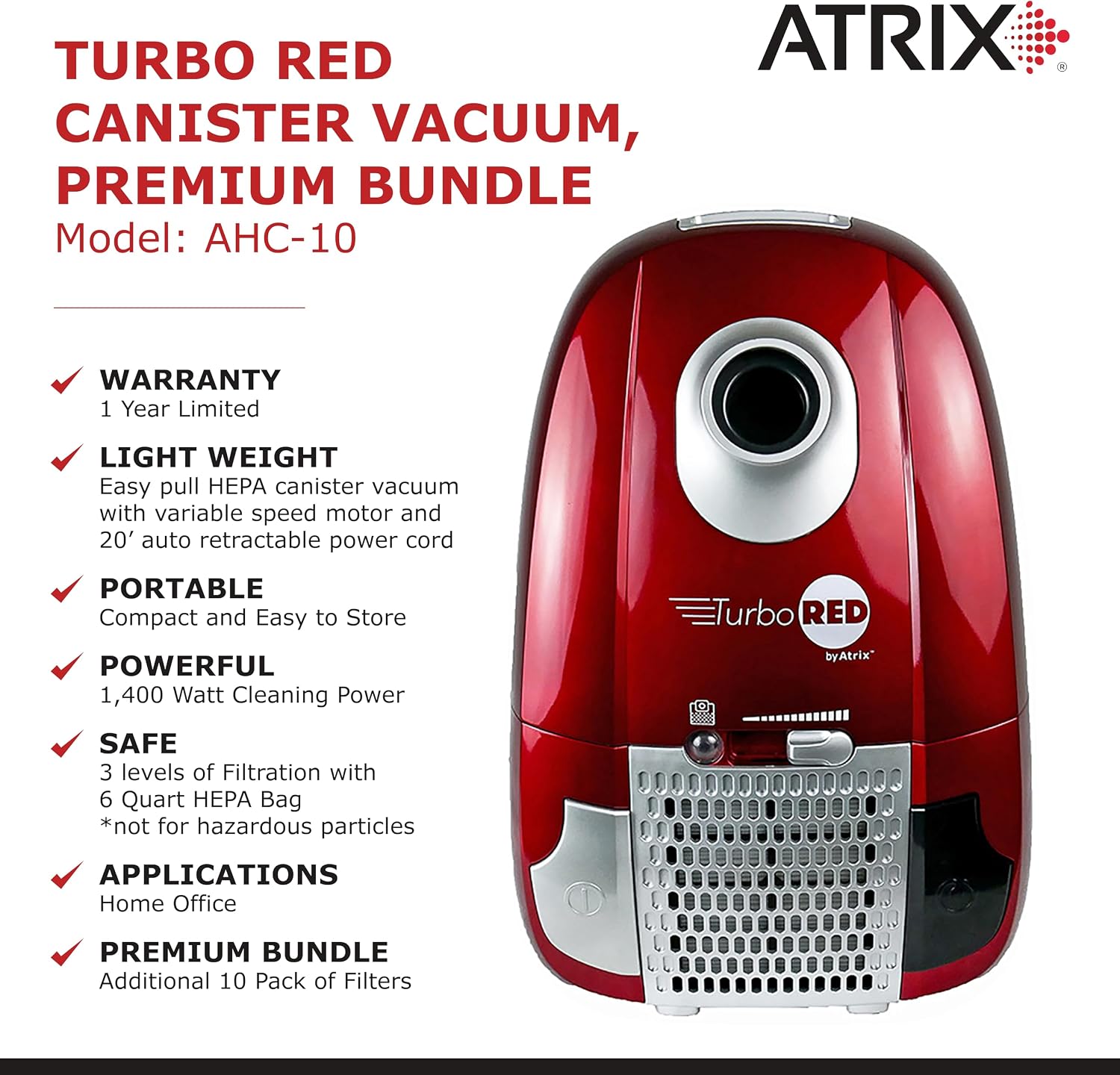 Atrix AHC Turbo Red HEPA 6-Quart Canister Vacuum Cleaner – Premium Bundle for Home & Carpet Cleaning, Includes Accessories & Variable Speed Motor