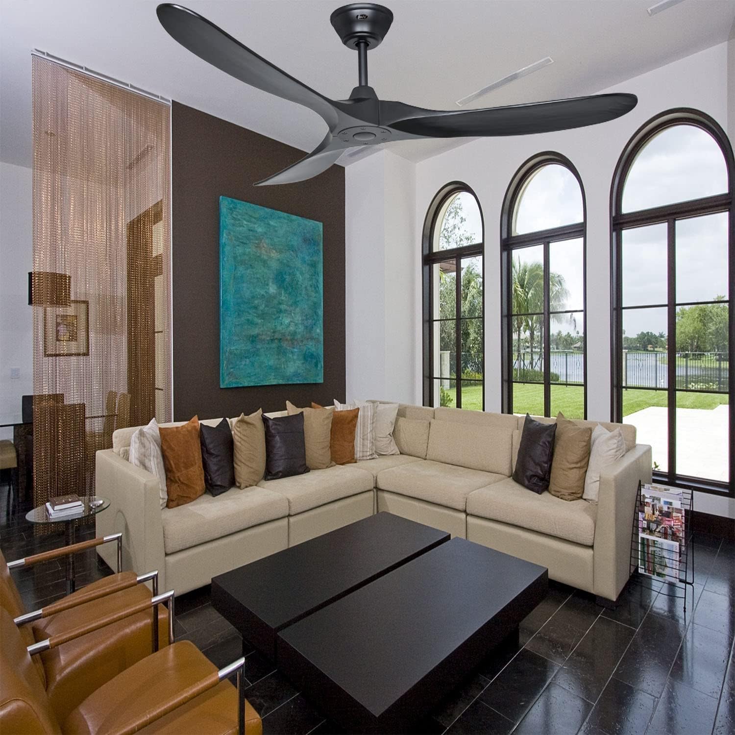 Black Ceiling Fan No Lights Outdoor Ceiling Fan for Patio 52 inch Large Airflow 3 blade Ceiling Fan Damp Rated Wood Ceiling Fan for Farmhouse Exterior House Porch Gazebo (52 inch, Black Ceiling Fan)