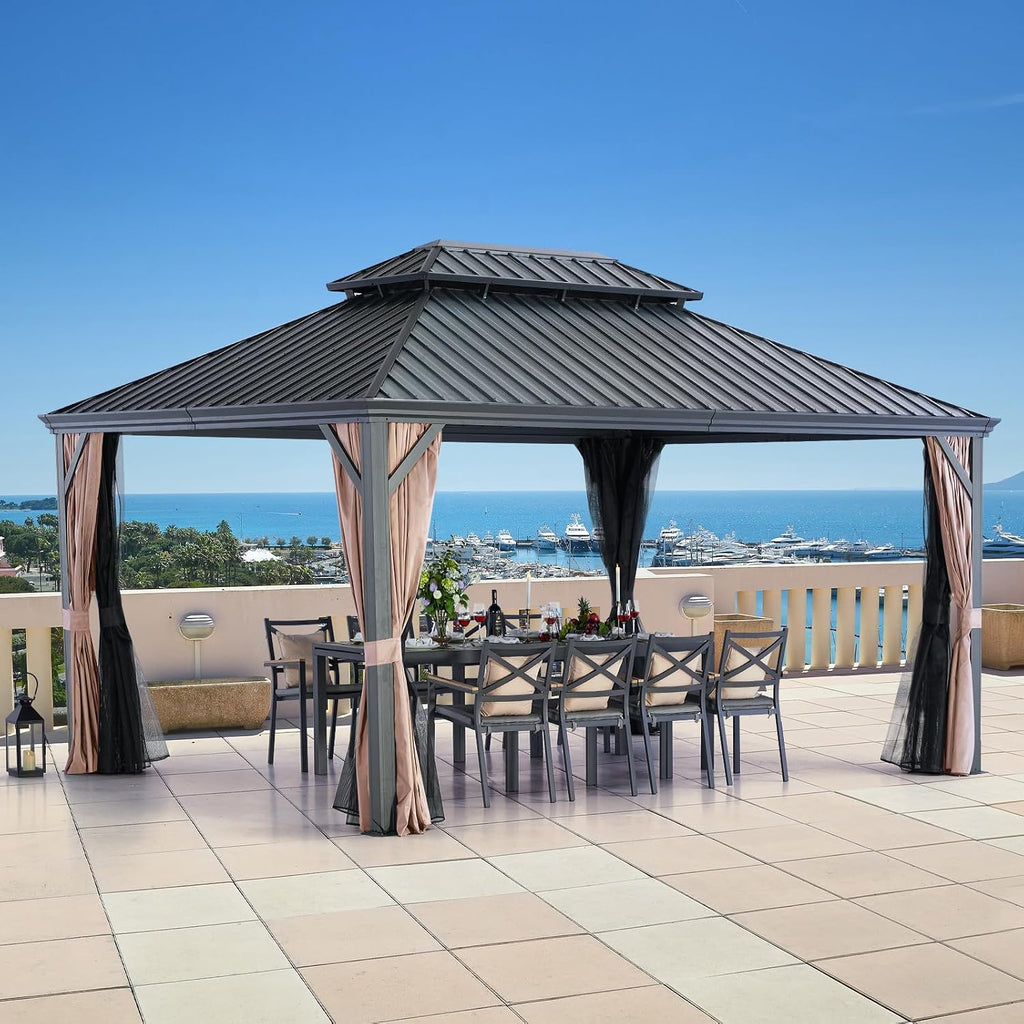 LeDoasis Blazar Hardtop Gazebo 12' X 16' with Nettings and Curtains, Outdoor Canopy for Patio Lawn and Garden, Vertical Stripes Galvanized Steel Double Roof Canopy
