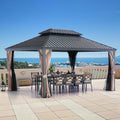 LeDoasis Blazar Hardtop Gazebo 12' X 16' with Nettings and Curtains, Outdoor Canopy for Patio Lawn and Garden, Vertical Stripes Galvanized Steel Double Roof Canopy