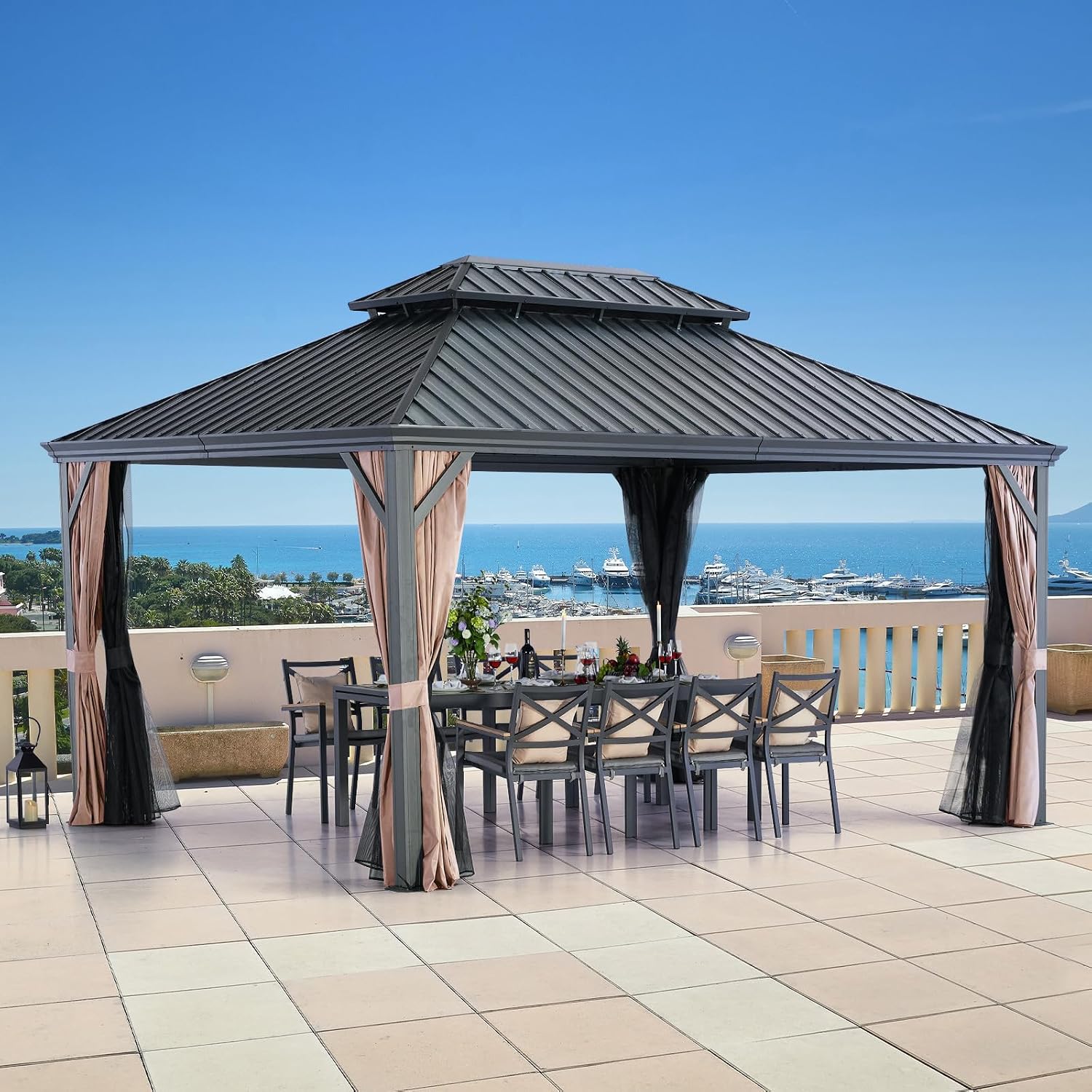 LeDoasis Blazar Hardtop Gazebo 12' X 16' with Nettings and Curtains, Outdoor Canopy for Patio Lawn and Garden, Vertical Stripes Galvanized Steel Double Roof Canopy