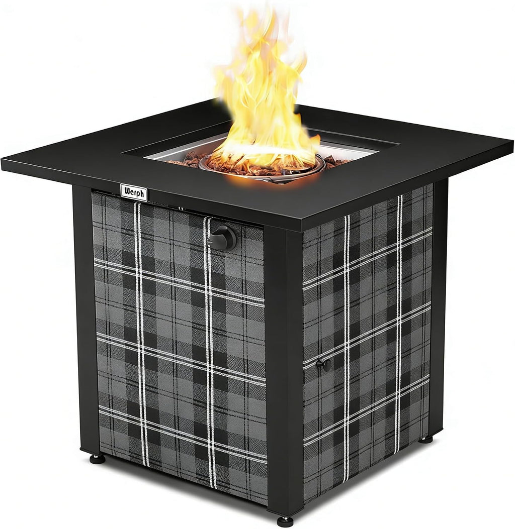 Werph 28 in Propane Fire Pit Table, ETL-Certified Fire Table with Lava Rocks for Patio Deck Garden Courtyard, 50,000 BTU Square Fire Pit Table with Lid, Black
