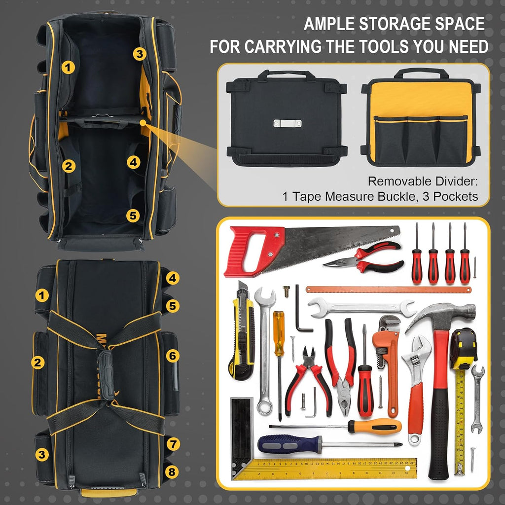 MELOTOUGH Rolling Tool Bag with Wheels,Large Capacity Tool Bag Organizer with Concealed Telescoping Handle for Electrician,Construction,HVAC,Technician (Yellow/Black)