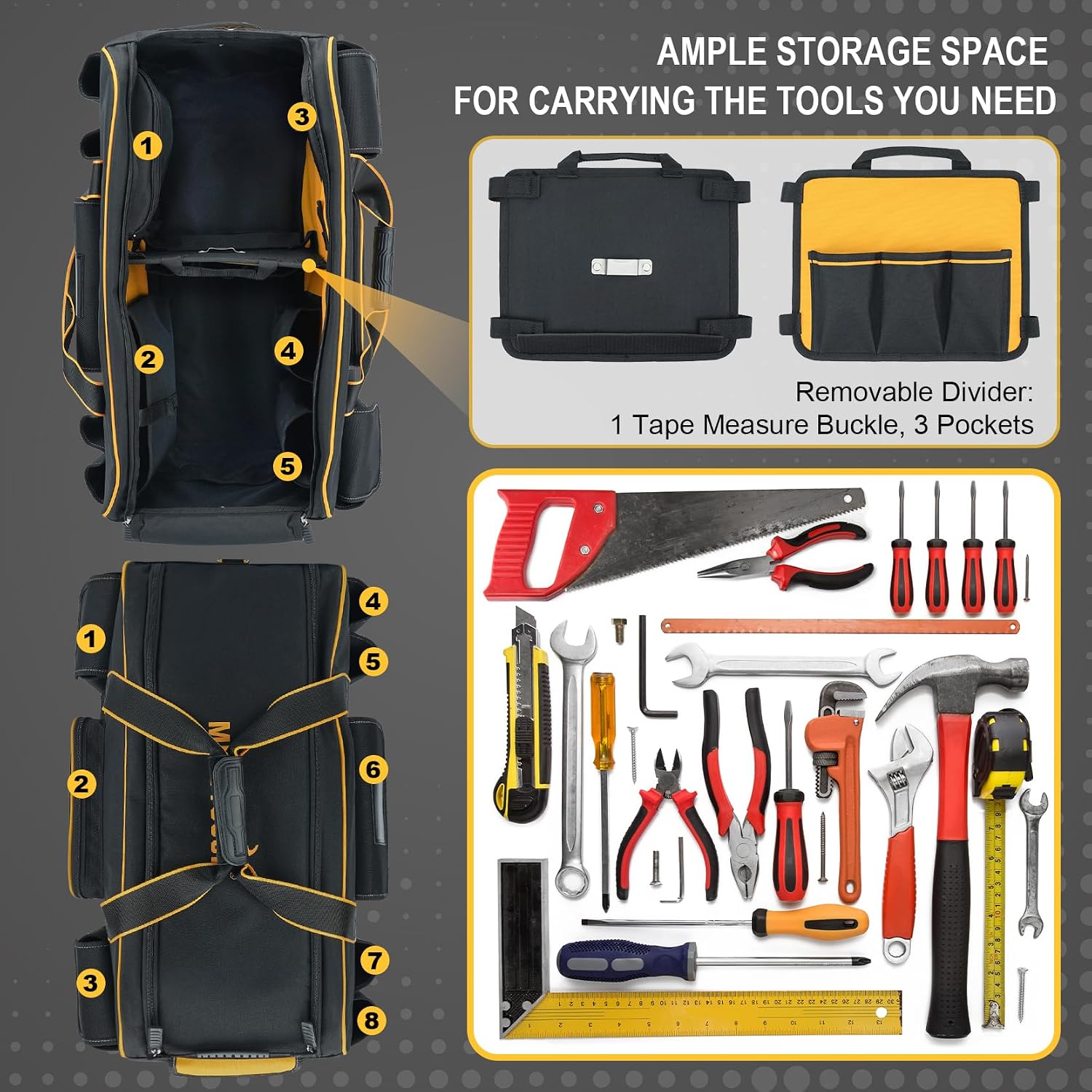 MELOTOUGH Rolling Tool Bag with Wheels,Large Capacity Tool Bag Organizer with Concealed Telescoping Handle for Electrician,Construction,HVAC,Technician (Yellow/Black)