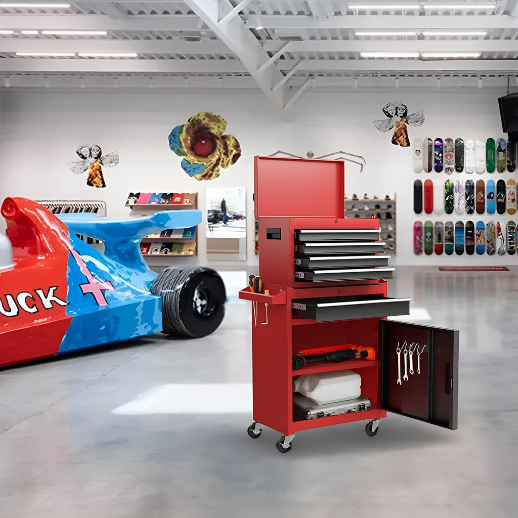 5-Drawer Rolling Tool Chest & Cabinet With Detachable Top Box - Heavy-Duty Metal Tool Cart With 4 Hooks, Lockable Drawers & 4 Wheels For Garage, Workshop, And Automotive Organization, (Red)