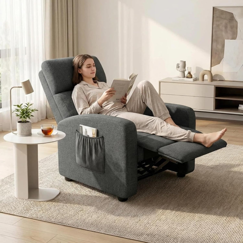 ComfyCorner Recliner Chair for Adults, Reclining Sofa with Side Pocket, Linen Fabric Recliner Sofa with Adjustable Backrest and Footrest, Modern Home Theater Seating for Living Room, Bedroom
