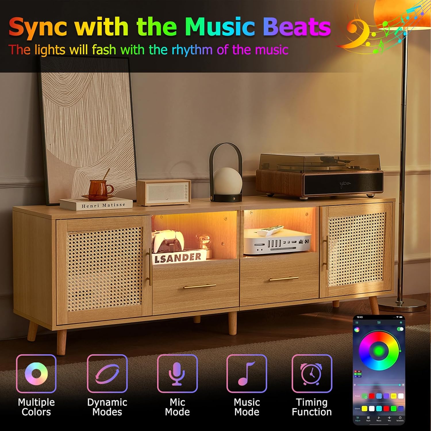 Rattan TV Stand for 70 Inch TV, 63' Modern Entertainment Center with LED Light, Outlet, Storage Shelves, 2 Drawers and Cabinets, Rattan Door, Boho TV Stand with Outlet for Living Room, Wood