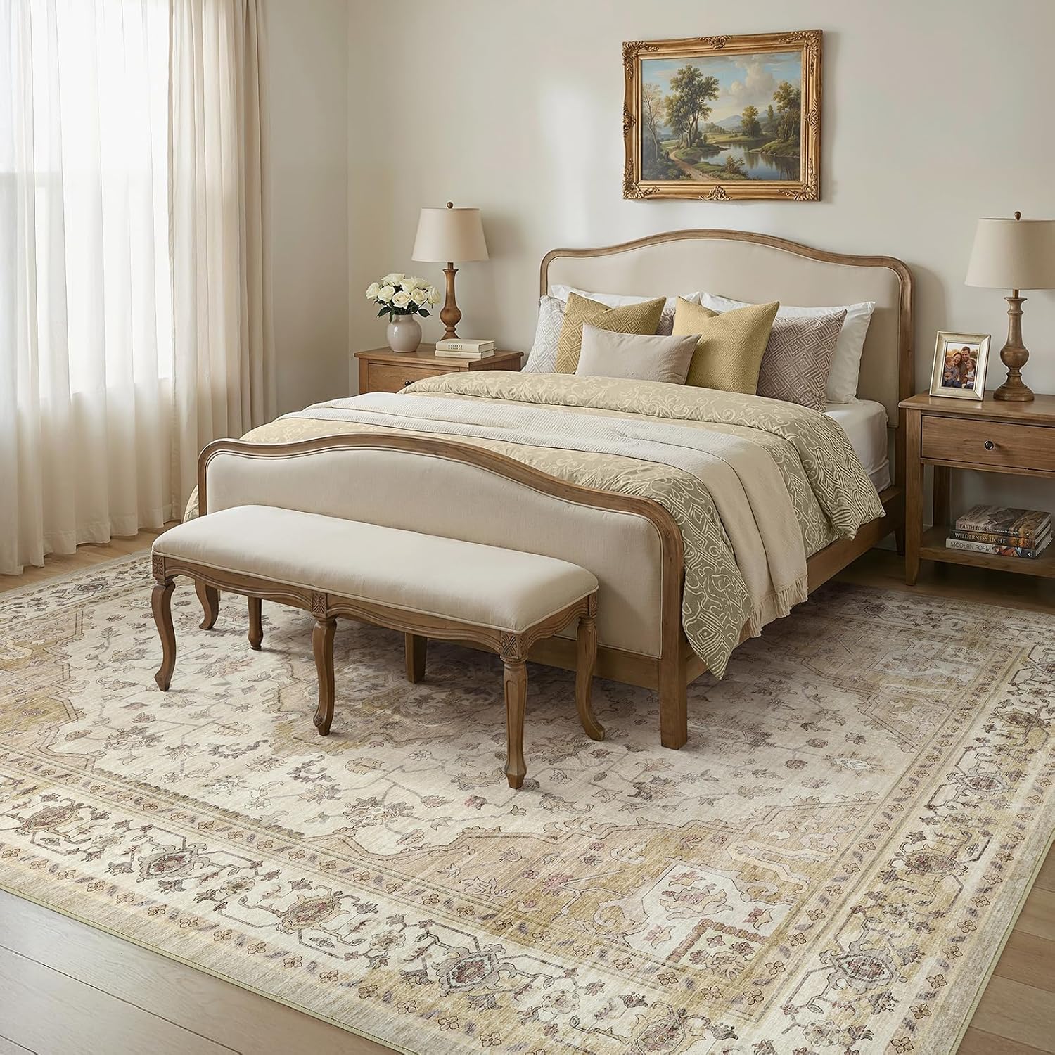 10x12 Living Room Area Rugs, Vintage Washable Rugs Non-Slip Large Carpet for Bedroom Office Dining Room Kitchen, Soft Thin Stain Resistant Retro Neutral Rug, Beige