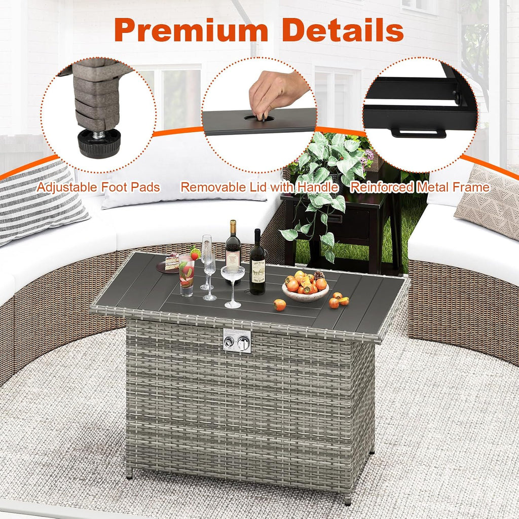 Tangkula 44.5 Inch Propane Fire Pit Table, Outdoor Rattan Gas Firepit with Metal Slatted Tabletop & Stainless Steel Burner, Rectangle Fire Pit with Lava Rocks & Protective Cover for Outside Patio