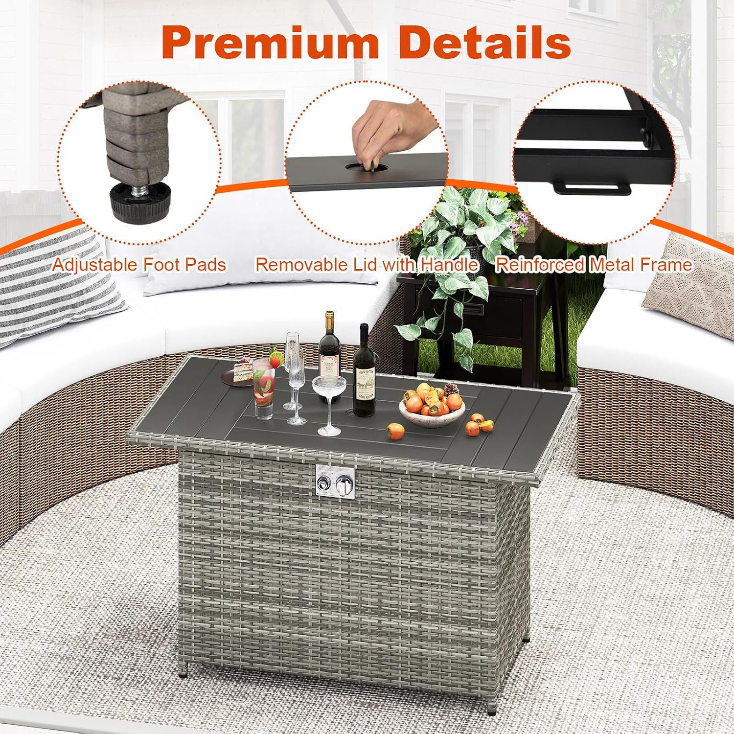 Tangkula 44.5 Inch Propane Fire Pit Table, Outdoor Rattan Gas Firepit with Metal Slatted Tabletop & Stainless Steel Burner, Rectangle Fire Pit with Lava Rocks & Protective Cover for Outside Patio