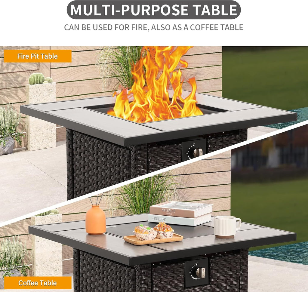 50000 BTU Brown Wicker Gas Fire Pit Outdoor Fire Pit Table 30 Inch Fire Pits for Outside with Woodgrain Marble Tabletop Fire Pit Cover and Blue Crystal Beads