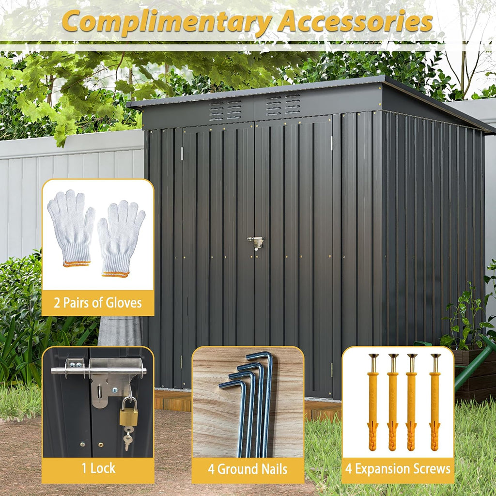 6x4 FT Shed Outdoor Storage Metal Large Garden Tool Sheds with Lockable Doors Floor Frame Sloped Roof Waterproof Steel Utility Equipment Shed for Backyard Patio Lawn Poolside, Black