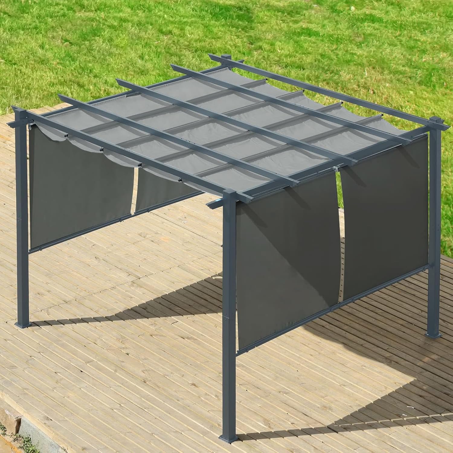 Aoodor 10 x 10 ft Outdoor Pergola with Retractable Shade Canopy, Matte Aluminum Frame, 4 Roller Shade Curtains, Grape Trellis for Patio, Backyard, Garden, and Deck, Grey