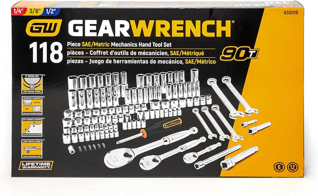 GEARWRENCH 118 Pc. 1/4', 3/8' & 1/2' Drive 6 & 12 Pt. Mechanics Tool Set, Standard & Deep, SAE/Metric - 83001D