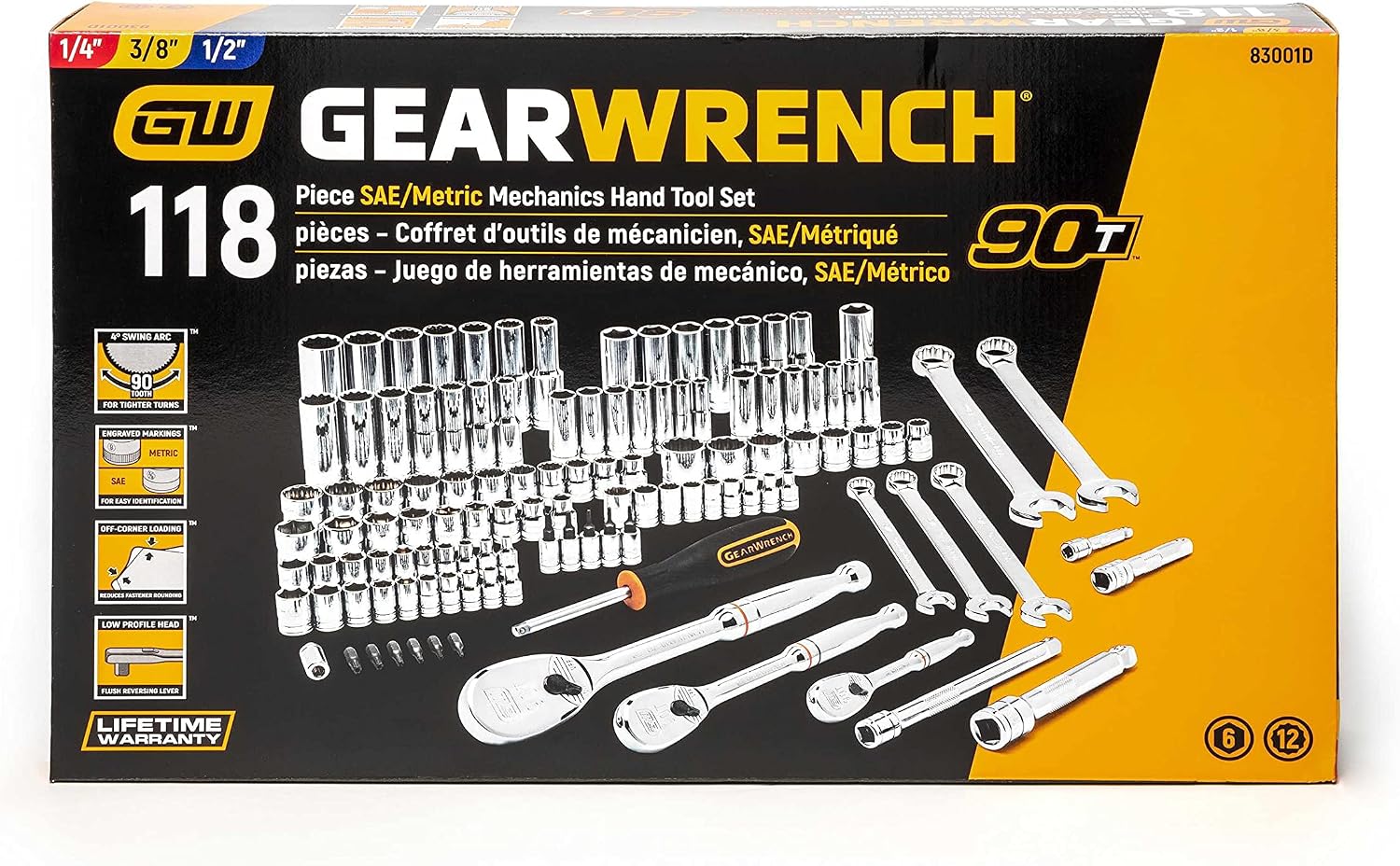GEARWRENCH 118 Pc. 1/4', 3/8' & 1/2' Drive 6 & 12 Pt. Mechanics Tool Set, Standard & Deep, SAE/Metric - 83001D
