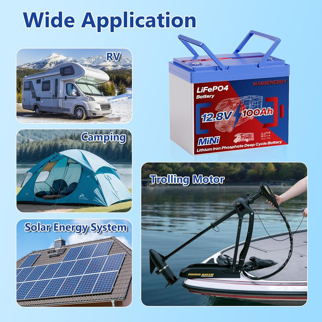 12V 100Ah Lifepo4 Battery, Bci Group 24 Size, Built-In 100A Smart BMS, 4500+ Deep Cycle Grade A Lithium Cells For RV Travel,Trolling Motor,Marine, Boat, Solar Panel, Off Grid, Camping (1PC)