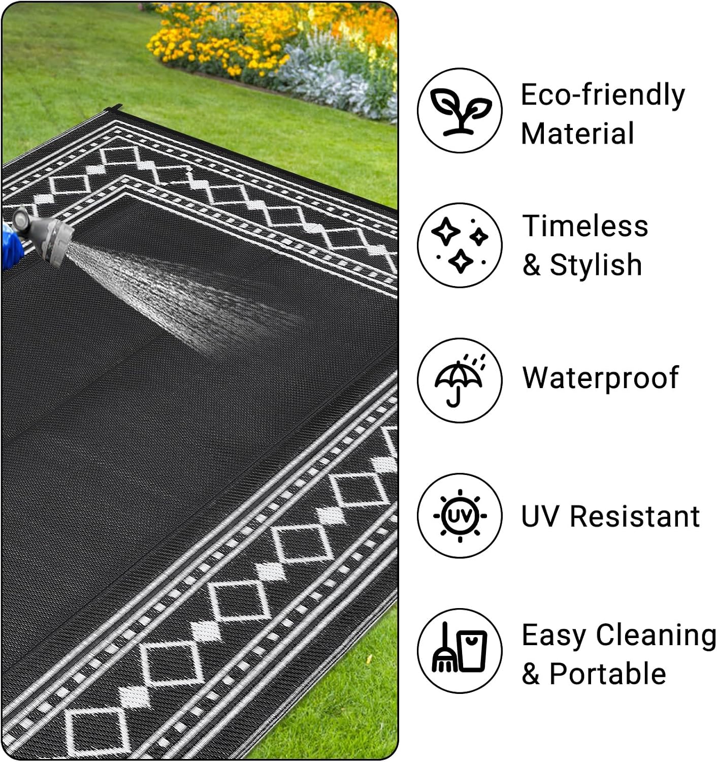 GAOMON Large Outdoor Rug 10x14 Waterproof Patio Modern Border Reversible Camping Mat Plastic Straw Outdoor Rug for Patio, RV, Deck, Balcony, Backyard, Picnic, Beach, Clover,Black