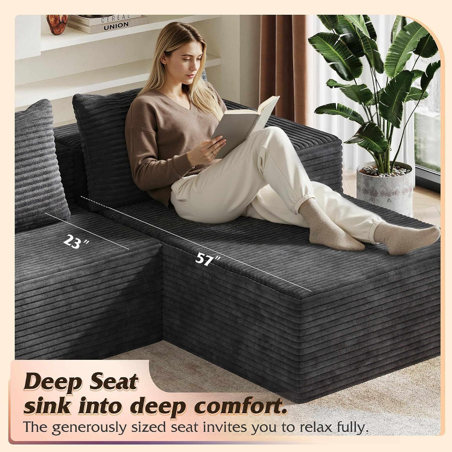WLIVE 104'' Cloud Sectional Couches for Living Room, Modular Boneless Couch with Left Facing Chaise, L Shape Memory Foam Corduroy, with Cushion, Grey
