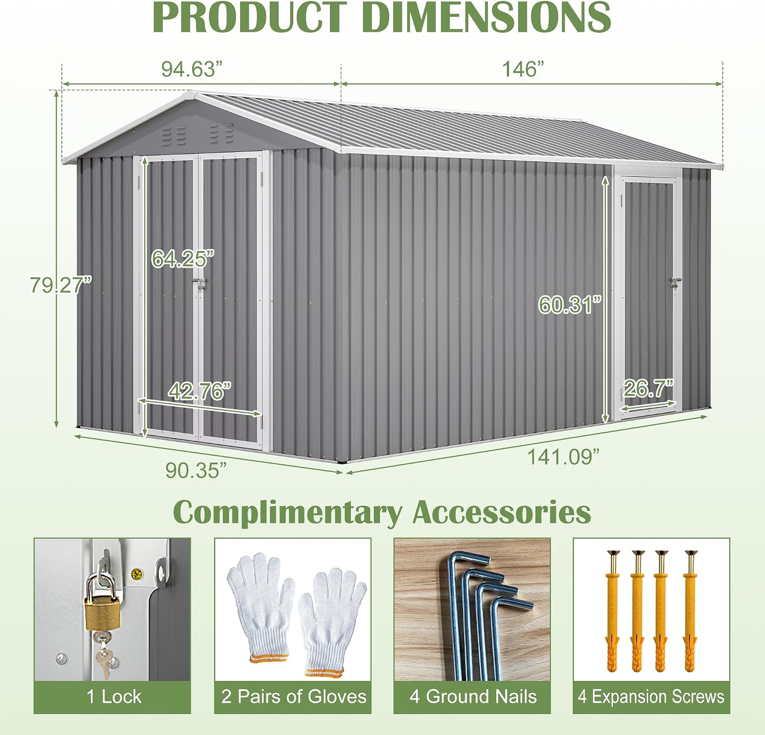 8x12 FT Shed Outdoor Storage Metal Large Garden Tool Sheds with 2 Lockable Doorways Floor Frame Gable Roof Waterproof Steel Utility Equipment Sheds for Backyard Patio Lawn Poolside, Grey