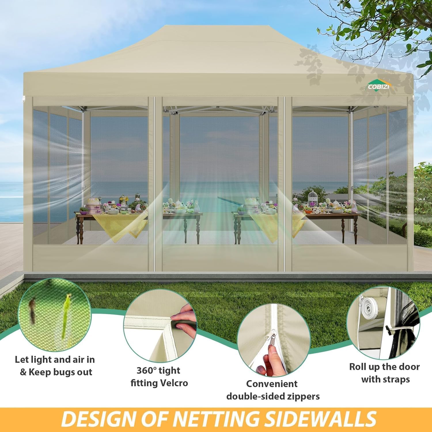 COBIZI 10x15 Heavy Duty Pop up Canopy with 4 Sidewalls, Canopy Tent with Mosquito Netting, Easy up Screen Party Tents for Parties Wedding Patio Backyard Commercial Gazebo with Handbag, Khaki