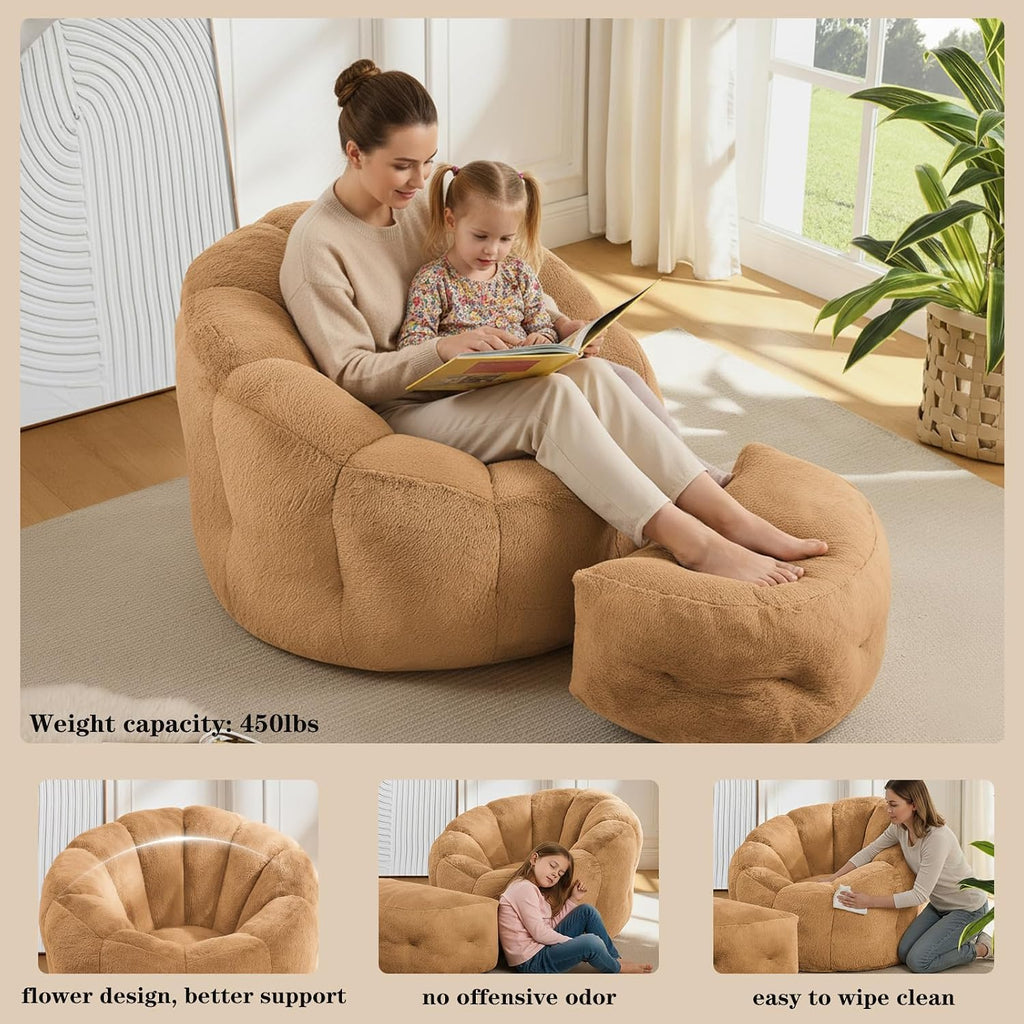Bean Bag Chair with Ottoman, Flower Shape Bean Bag Chairs for Adults and Teens, Comfy Plush Faux Fur Bean Bags for Living Room, Bedroom, Apartment, Dorm, Brown