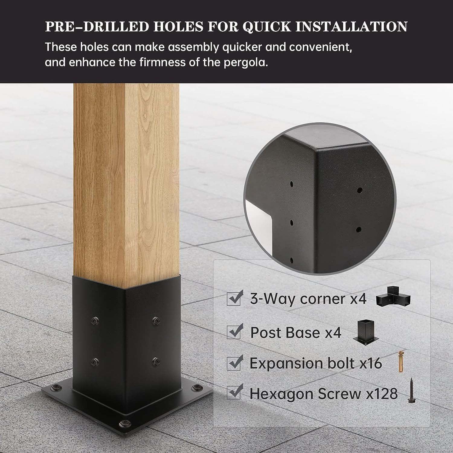 Pergola Brackets 4 Pack Woodworks Pergola Kit 3-Way Right Angle Corner Bracket with Pergola Post Base for 4x4'' (Actual: 3.62x3.62'') Wood Beams Elevated Wood Stand Gazebo Kit
