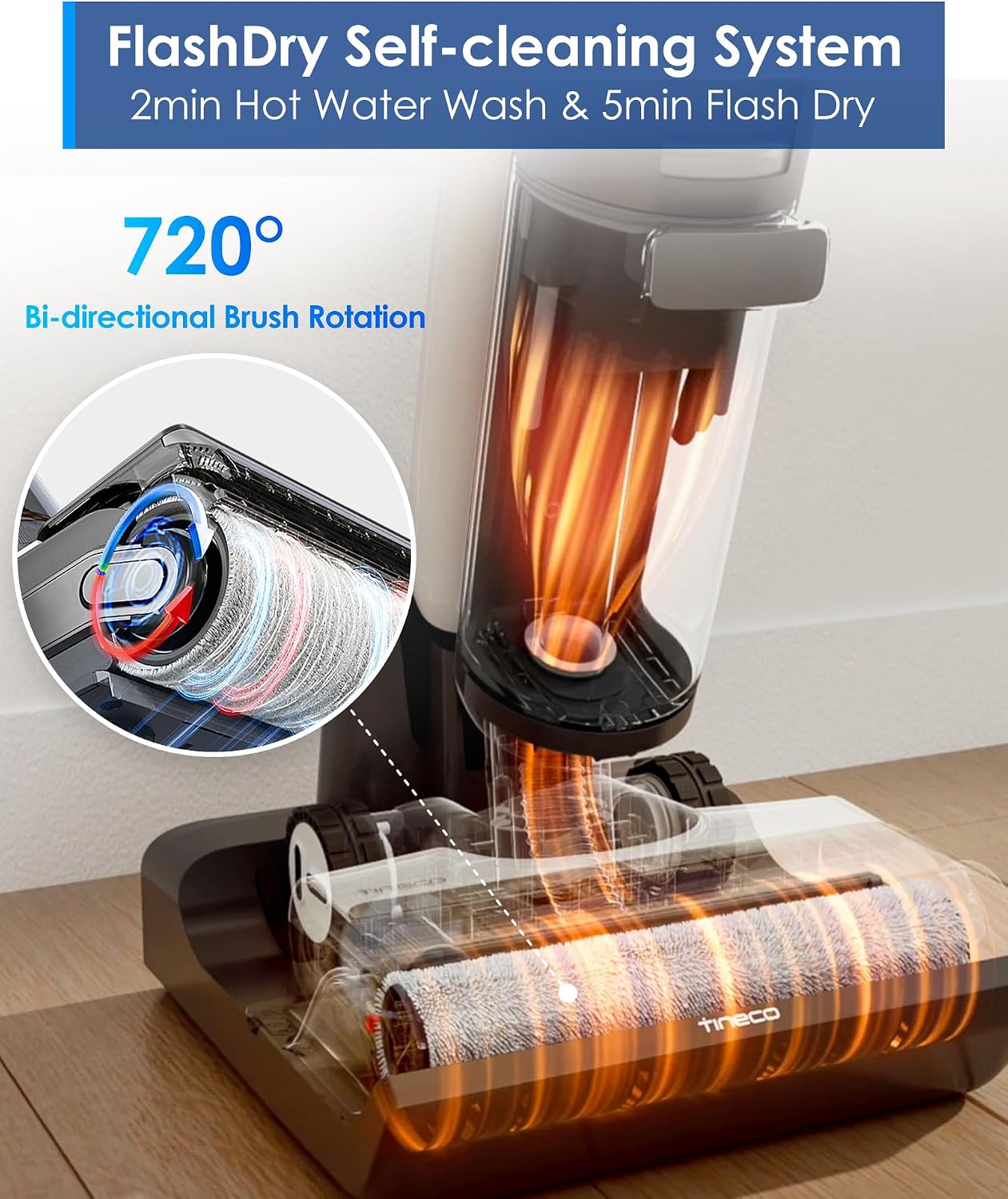 Tineco Floor ONE S7 FlashDry Smart Cordless Wet Dry Vacuum Cleaner, Long Runtime, Great for Sticky Messes, Self-Cleaning, 158℉Hot Air FlashDrying, Dual-Sided Edge Cleaning, Extended Battery Lifespan