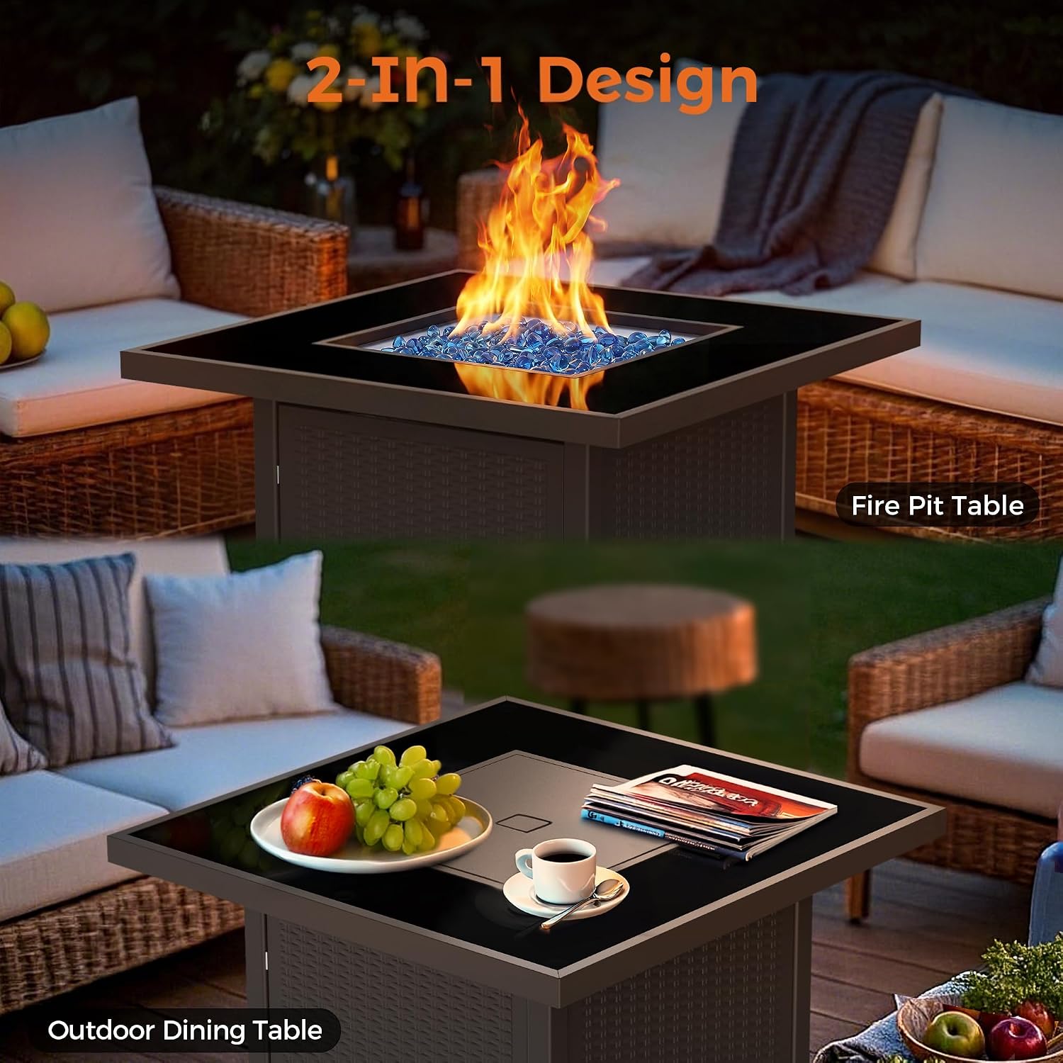 BALI OUTDOORS 32 inch Glass Tabletop Propane Fire Pit Outdoor, 50,000 BTU Propane Fire Pit Table Square, Gas Firepits for Outside Patio, Garden, Brown
