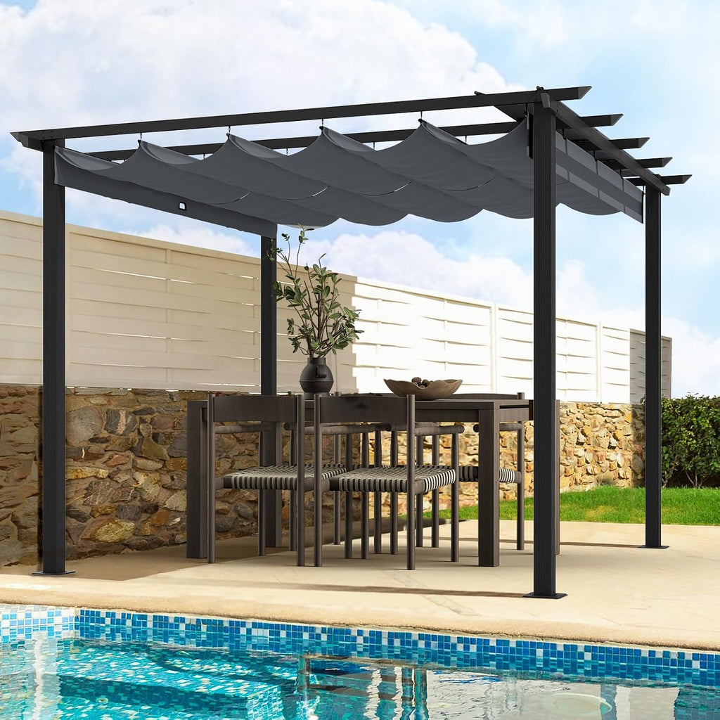 HAPPATIO 10' X 10' Retractable Pergola with Sun Shade Canopy, Patio Aluminum Frame Shelter for Backyards, Gardens, Porch, Includes Ground Studs and Expansion Screws (Grey)