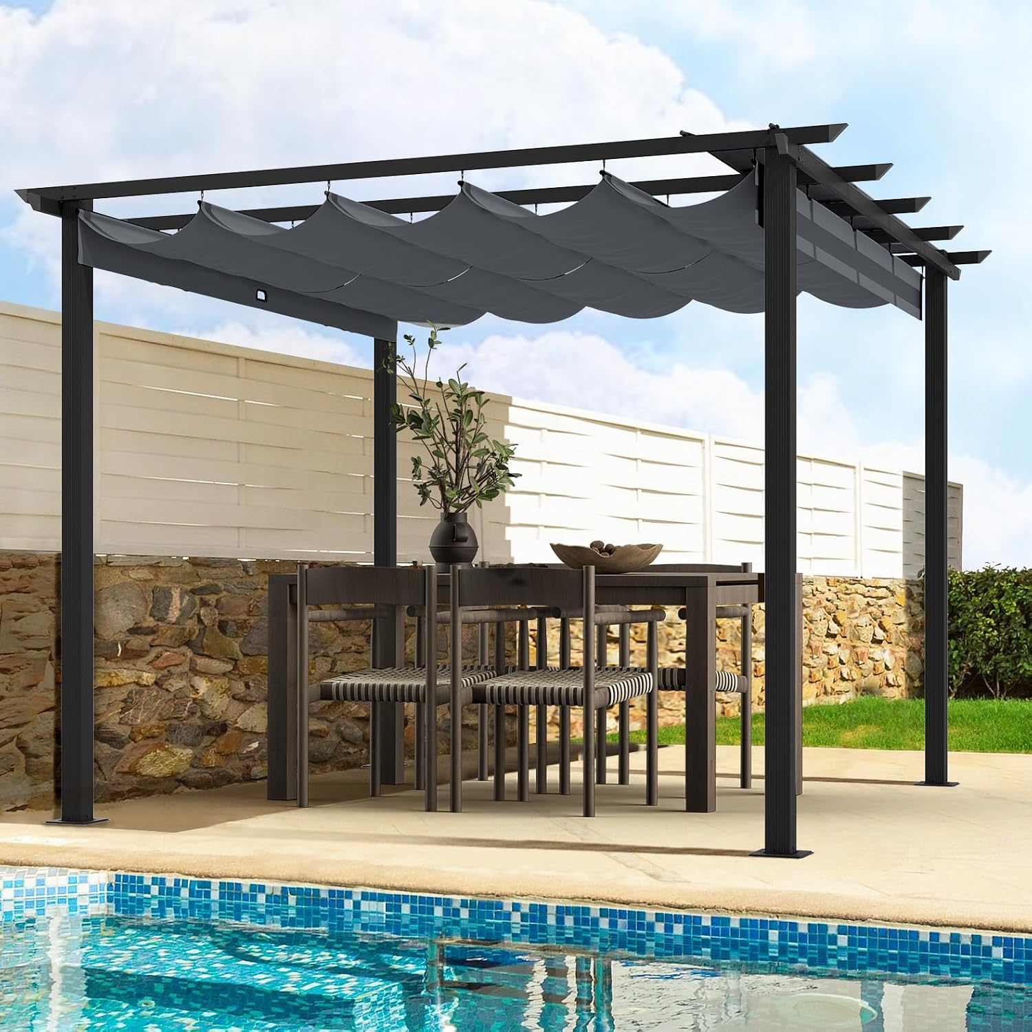 HAPPATIO 10' X 10' Retractable Pergola with Sun Shade Canopy, Patio Aluminum Frame Shelter for Backyards, Gardens, Porch, Includes Ground Studs and Expansion Screws (Grey)