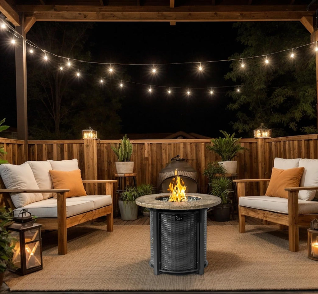 30'' Concrete Round Gas Fire Pit, 50,000 BTU Steel Outdoor Fire Tables, Fire Table with Lid, Add Warmth & Ambience to Gatherings and Parties On Patio Deck Garden Backyard.