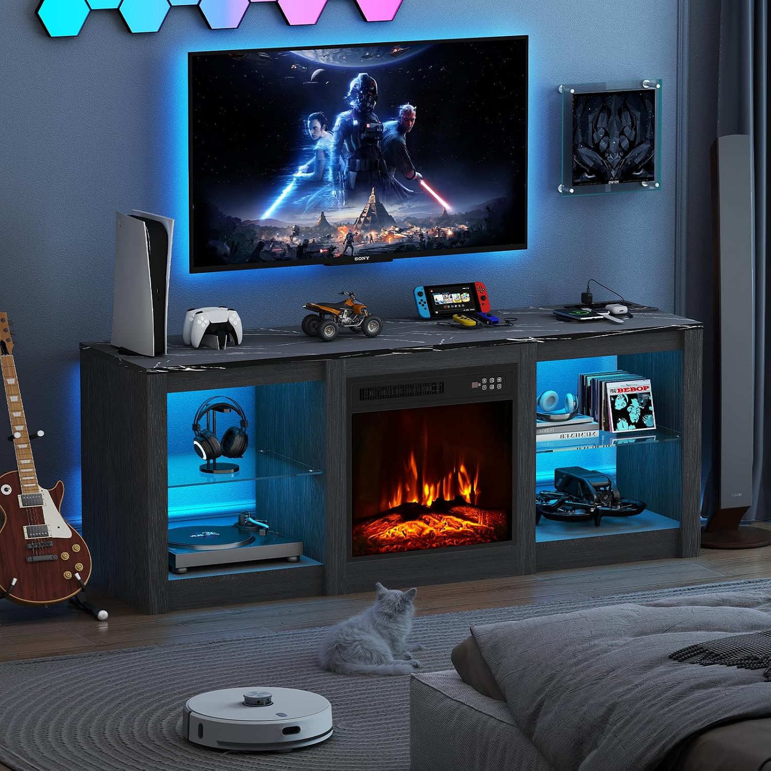 Electric Fireplace TV Stand for TVs Up to 65', 58' Entertainment Center Console Table with 18' Fireplace/LED Light/Power Outlet/Adjustable Shelves/Faux Marble Top for Living Room, Black