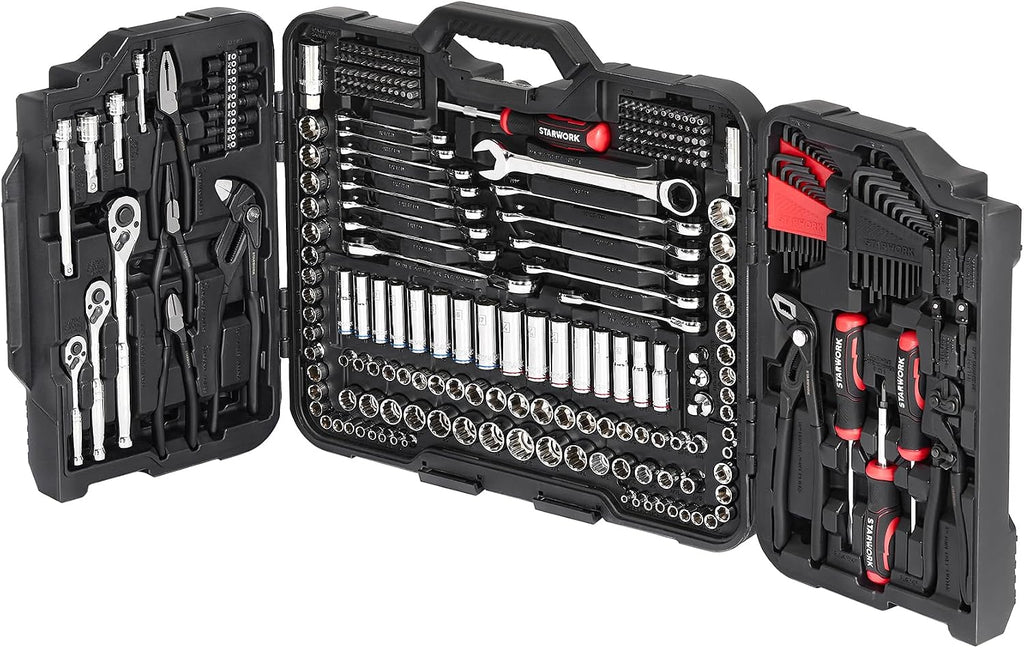 STARWORK TRUE MECHANIC 312-Piece Mechanics Tool Set and Socket Set, Professional 【Pliers Wrench】 SAE/Metric, Mirror-Finish Sockets & Ratchet Wrenches