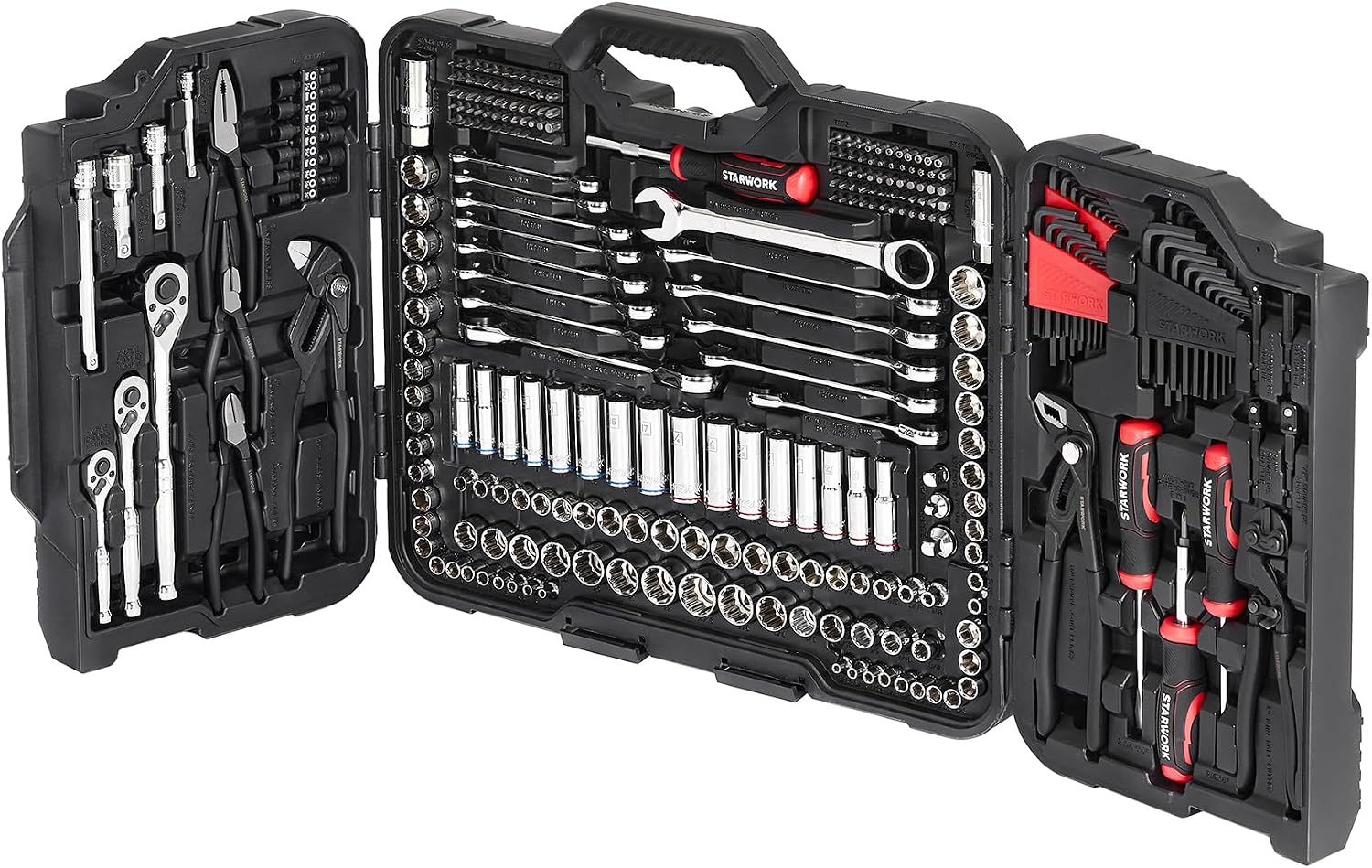 STARWORK TRUE MECHANIC 312-Piece Mechanics Tool Set and Socket Set, Professional 【Pliers Wrench】 SAE/Metric, Mirror-Finish Sockets & Ratchet Wrenches