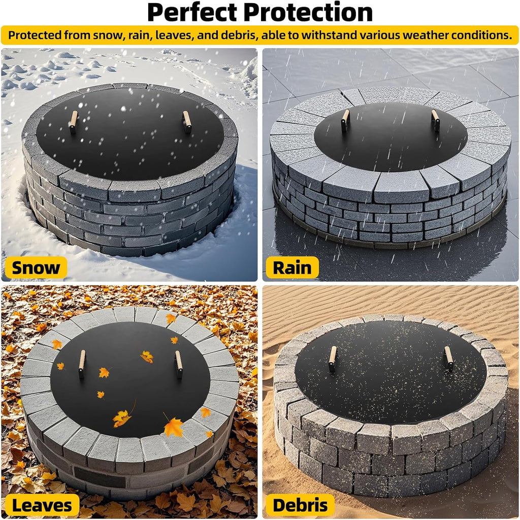 G GOOD GAIN Firepit Lid Round 36 Inch - Rust Resistant Fire Pit Lid Cover with Wooden Handle & Gloves, Fire Pit Snuffer Lid for Courtyards, Patio, Winter Cold Protection. Fits Fire Pits Up to 34'