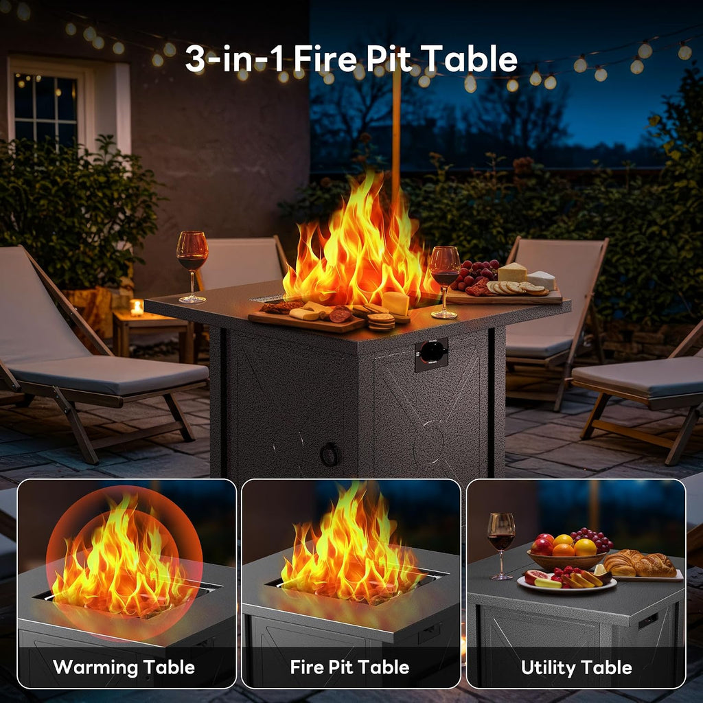 Electactic 28 Inch Propane Fire Pit, 3-in-1 Multi-Use Outdoor Fire Pit Table, 50,000 BTU Steel Gas Fire Pit with Lid & Lava Rock, Add Warmth and Ambience for Patio Deck Garden, Outdoor Gatherings