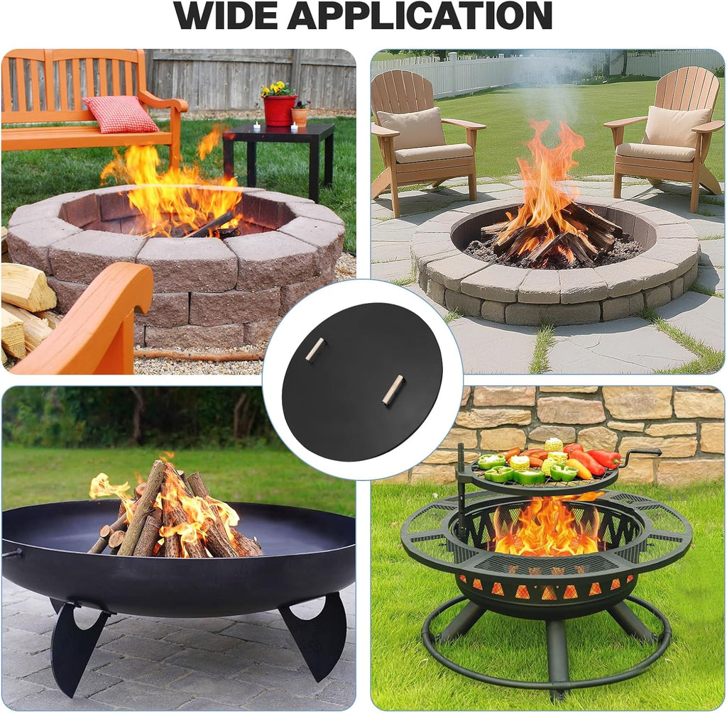 Fire Pit Lid Cover Round - 34' Rust Resistant Powder Coated Steel Firepit Cover or Table with 2 Wooden Handles for Patio Fire Pit, Weatherproof for All Seasons, Fits Fire Pits Up to 32'