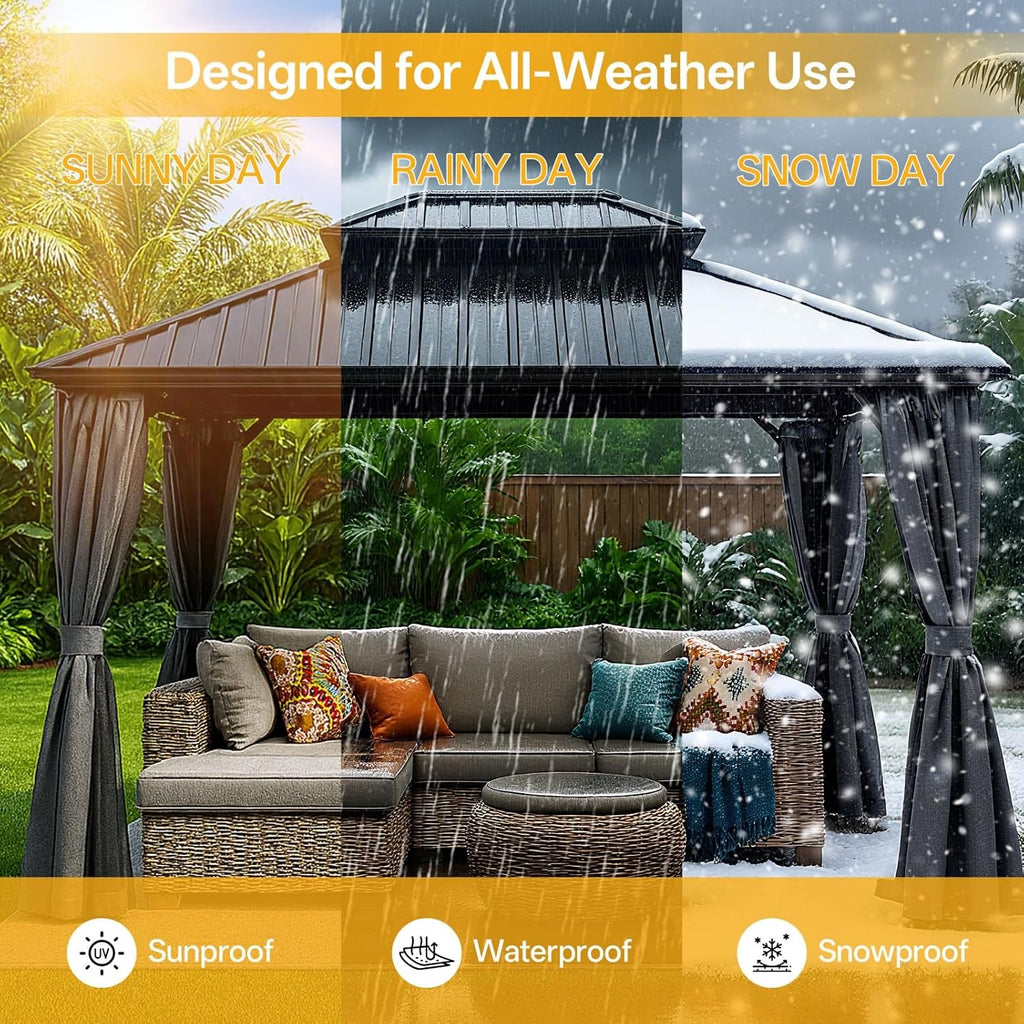 10x10 Hardtop Aluminum Gazebo, Outdoor Metal Gazebo with Netting & Curtains - Heavy Duty Iron Roof for Patios, Waterproof & Snow Load Resistant (Double Hardtop with Curtain & Netting)