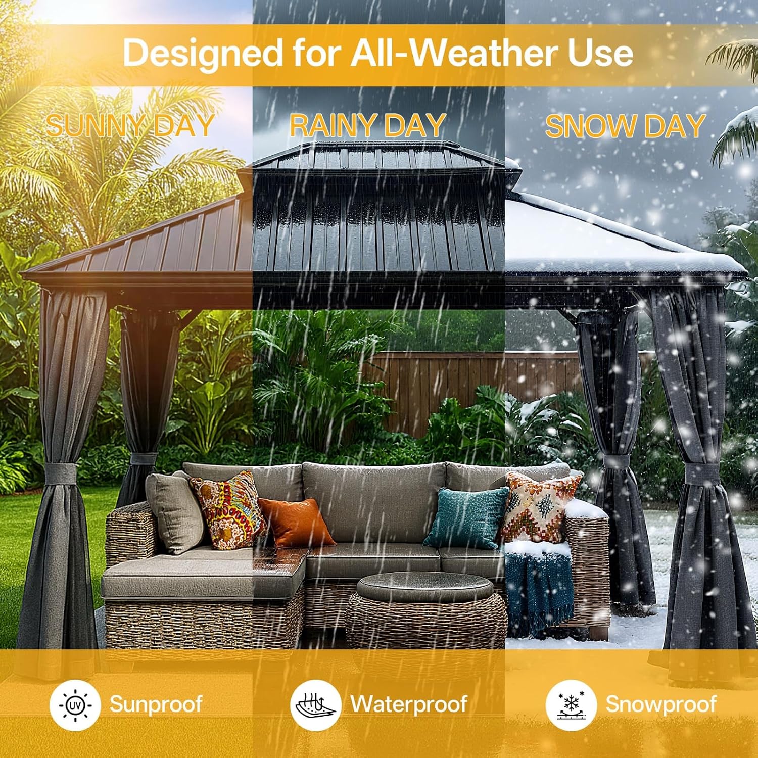 10x10 Hardtop Aluminum Gazebo, Outdoor Metal Gazebo with Netting & Curtains - Heavy Duty Iron Roof for Patios, Waterproof & Snow Load Resistant (Double Hardtop with Curtain & Netting)